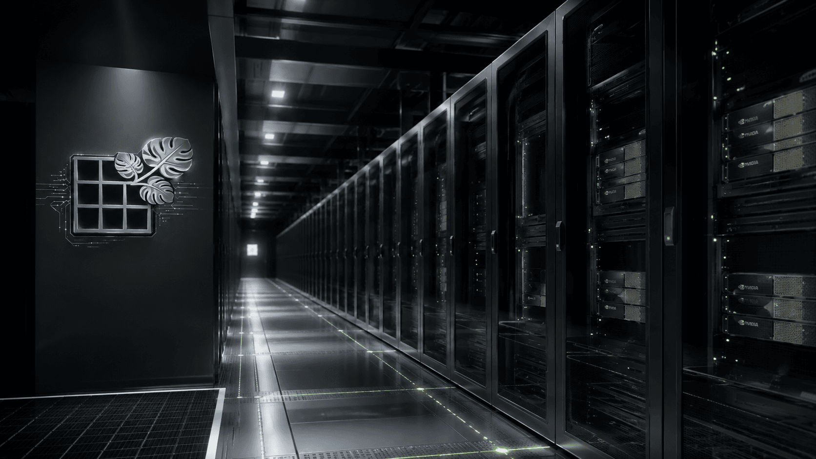 A branded Jungle Grid GPU aisle inside a data center.