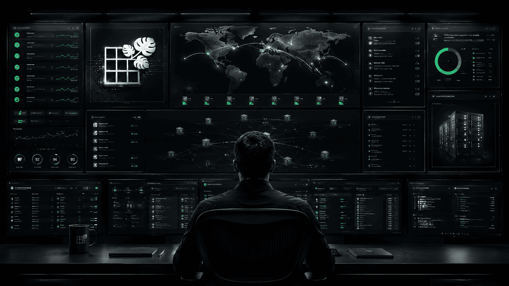 An operator routing dashboard showing global routing paths, compute health, and control-plane monitoring.